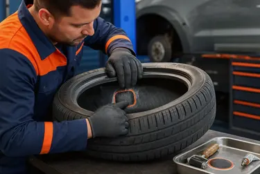 Profissional consertando um pneu em uma borracharia em Itumbiara.
