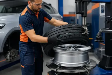Profissional trocando um pneu em uma borracharia em Itumbiara.