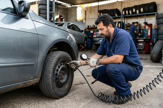 Profissional verificando a pressão de pneus em uma borracharia em Itumbiara.
