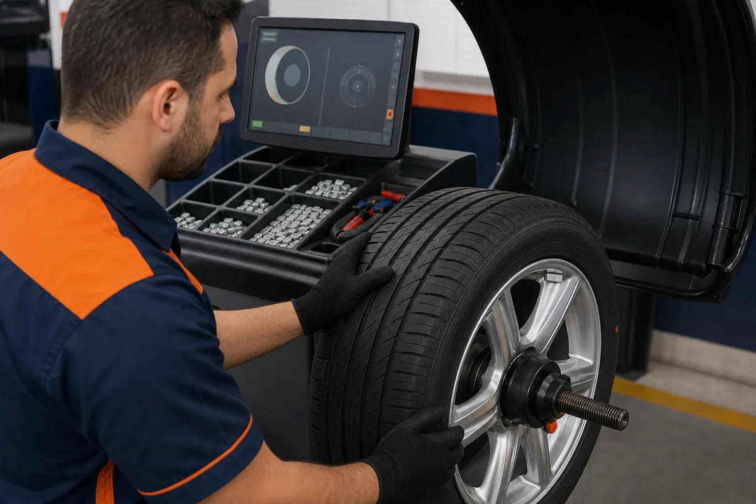 Técnico realizando balanceamento de rodas em Itumbiara.
