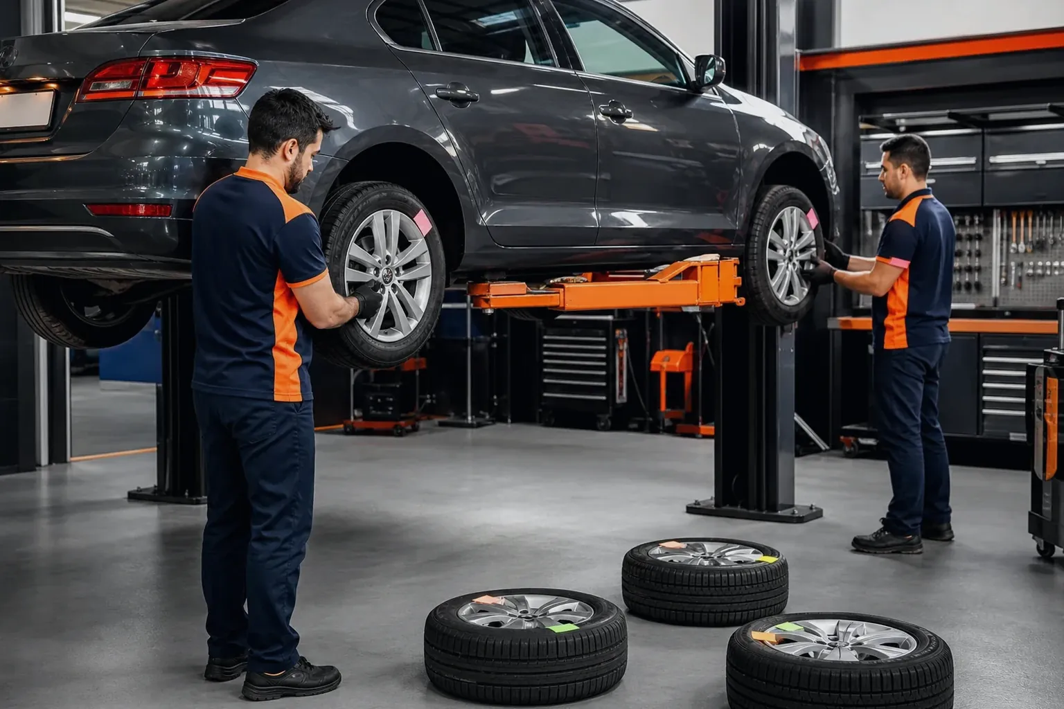 Técnico realizando rodízio de pneus em uma borracharia em Itumbiara.